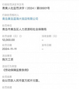 ​黄岛蓝海大饭店因拖欠工资被罚款 山东蓝海近日宣布破产重整