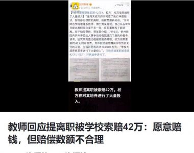 ​教师回应提离职被学校索赔42万：愿意赔钱，但赔偿数额不合理